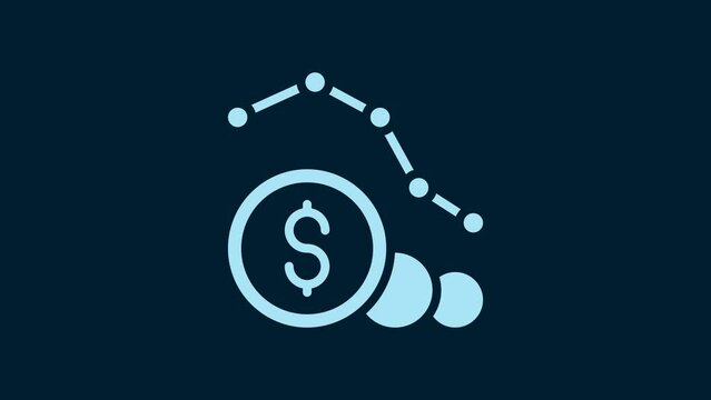 White Dollar rate decrease icon isolated on blue background. Cost reduction. Money symbol with down arrow. Business lost crisis decrease. 4K Video motion graphic animation