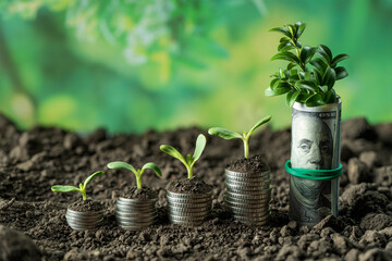 Money growth in soil with green leaves and trees concept, business and farming success finance. Agriculture plant seeding growing step concept in garden