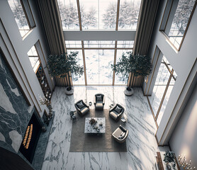 Top view interior design of luxury Lavish apartment with marble floor, high ceilings and high glass windows. Generative AI.