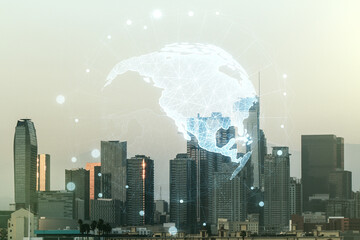 Double exposure of digital map of North America hologram on Los Angeles city skyscrapers background, research and strategy concept