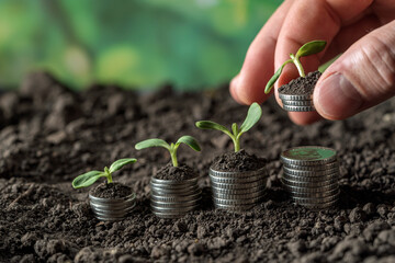 Money growth in soil with green leaves and trees concept, business and farming success finance. Agriculture plant seeding growing step concept in garden