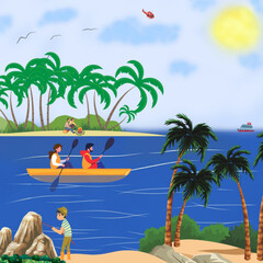 illustration of people doing activities on the beach and sea