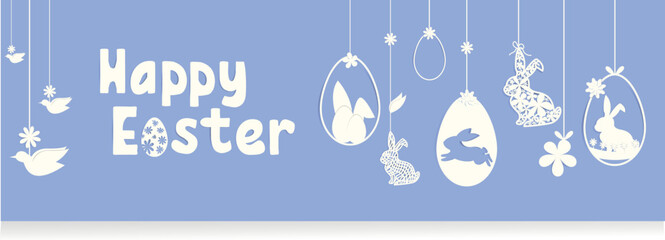 happy Easter text banner with easter eggs, rabbits bunny ears, birds and flowers on blue background vector. paper applique garland style