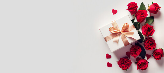 Valentine's Day.Top view of presents gift box, Roses and decor on white backgrounds.Valentine's Day concept.Illustration 3d.Banner background.