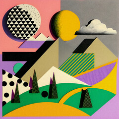 Retro collage, landscape style illustration, granular texture Generative AI