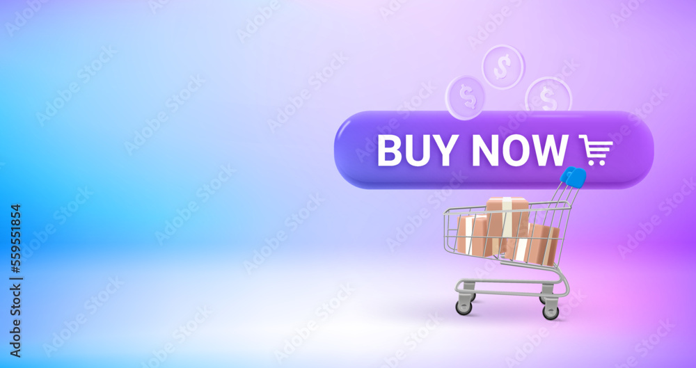 Poster buy now concept with button and shopping trolley. vector 3d banner with copy space