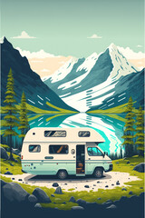 Family vacation travel RV, holiday trip in motorhome, Caravan car Vacation. Beautiful Nature Norway's natural landscape. Generative Ai illustration in vector style. - 559551860