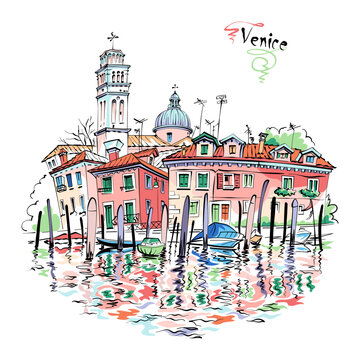 Vector color sketch of canal, bright houses and Basilica of St Peter of Castello, Venice, Italy.