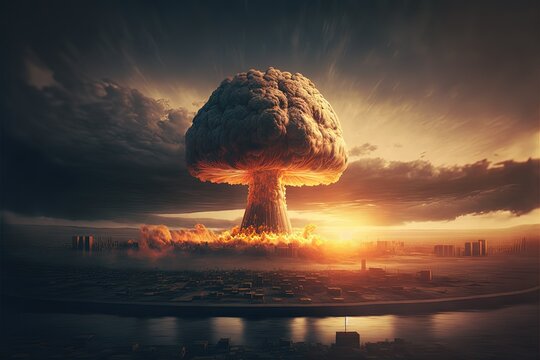 Huge nuclear bomb explosion, end of the world, doomsday in a post apocalyptic world, Generative AI.