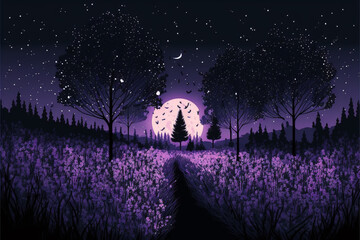 An illustration of a tranquil field of lavender on a moonlight night with a lot of fireflies, the purple flowers stretching out as far as the eye can see. Generative Ai illustration in vector style. - 559552038