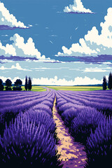 Naklejka na ściany i meble An illustration of a tranquil field of lavender on a sunny day, the purple flowers stretching out as far as the eye can see. Generative Ai illustration in vector style.