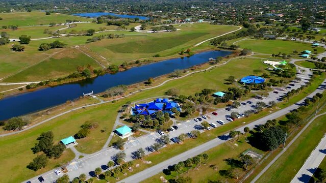 Aerial video Vista View Park playground by lake
