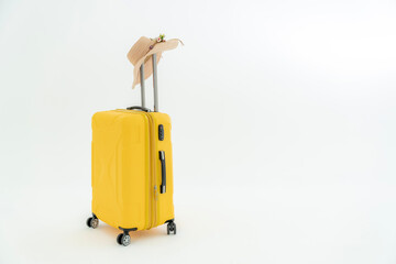 Photos of their suitcases and hats for their vacation. isolated on a white background