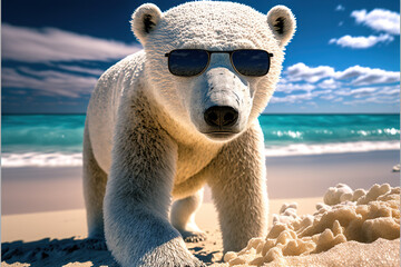 Adorable Little polar bear in sunglasses on the beach
