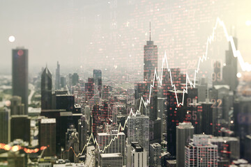 Fototapeta premium Multi exposure of abstract financial diagram and world map on Chicago office buildings background, banking and accounting concept