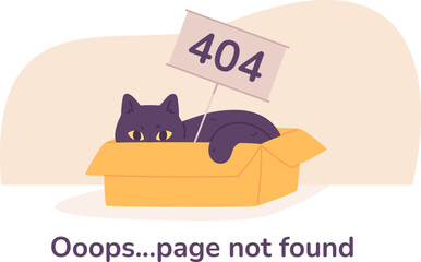 Cat error page. Asleep kitten in box with 404 sign, empty pages not found, computer internet trouble oops lost fail website, cartoon chubby kitty on white space vector illustration - obrazy, fototapety, plakaty