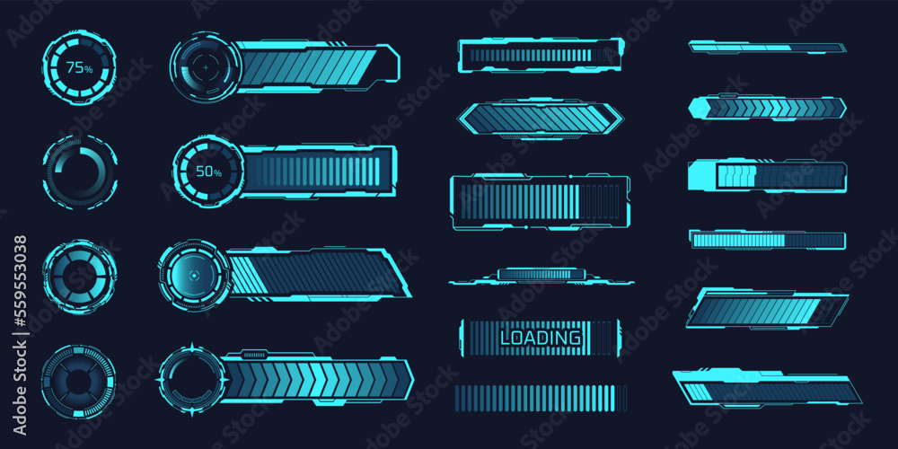 Poster hud loaders. loading bar speed progress elements, radial timeline stages, glowing diagrams tech scal