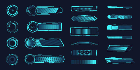 Hud loaders. Loading bar speed progress elements, radial timeline stages, glowing diagrams tech scale download complete, neon progressbar load sci fi status, ui vector illustration