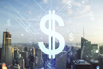 Virtual USD symbols illustration on New York city skyline background. Trading and currency concept....