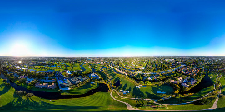 Aerial 360 equirectangular photo of Lago Mar Country club golf course