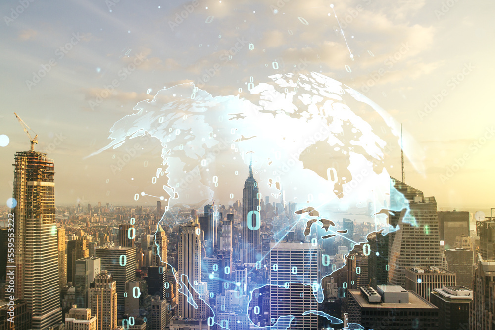 Poster multi exposure of abstract graphic coding sketch and world map on manhattan cityscape background, bi