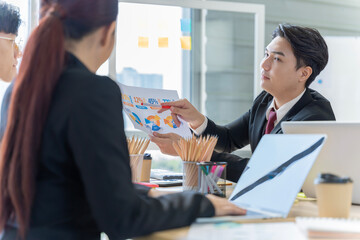 A group of young Asian businessmen Talking and planning work happily and have fun. at the company's office