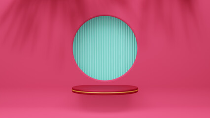 Red pedestal or stand podium for product display presentation with circle window and red wall with palm tree shadow background. Stage for showcase. Product sale mockup. 3D render.