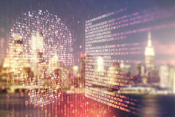 Abstract virtual creative code skull hologram on blurry office buildings background, theft of personal data and malware concept. Multiexposure