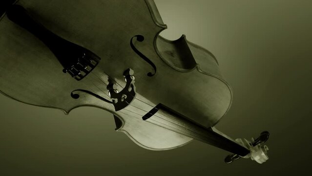 Realistic monochrome violin flowing isolated on grey and green background. Design. Concept of art and music.