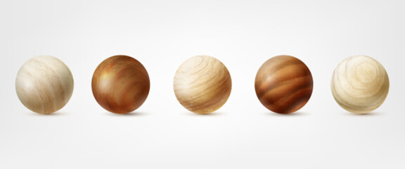 Realistic wooden balls. 3d samples wood ball, brown sphere variety globe woodwork model macro circle rough texture, wooden-toys glossy spheres clipart, tidy vector illustration