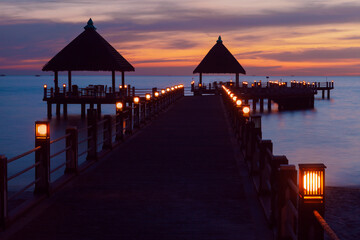 Sea pier at sunset in Sihanoukville, Cambodia.