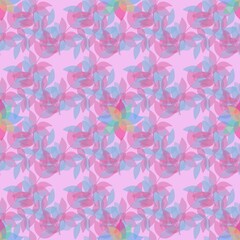 seamless pattern with hearts. pattern leaves pink and blue petals on a pink background