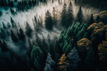 Fototapeta na wymiar Forest landscape view from above, foggy forest. AI