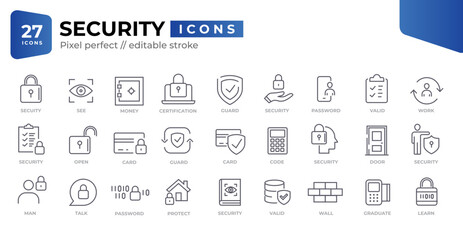 Security Line Icons Shield, Insurance, Padlock, Computer Network, Support, Keys, Safe