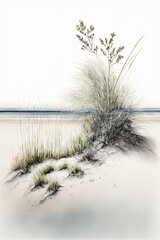 Dunes côtières, plage Herbe, sable, bois flotté, océan calme, aquarelle, minimalisme