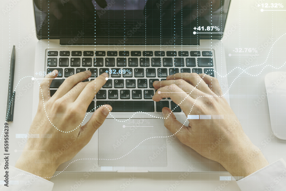 Poster double exposure of abstract creative statistics data hologram with hands typing on laptop on backgro