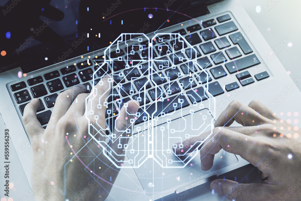 Poster double exposure of creative artificial intelligence symbol with hands typing on laptop on background