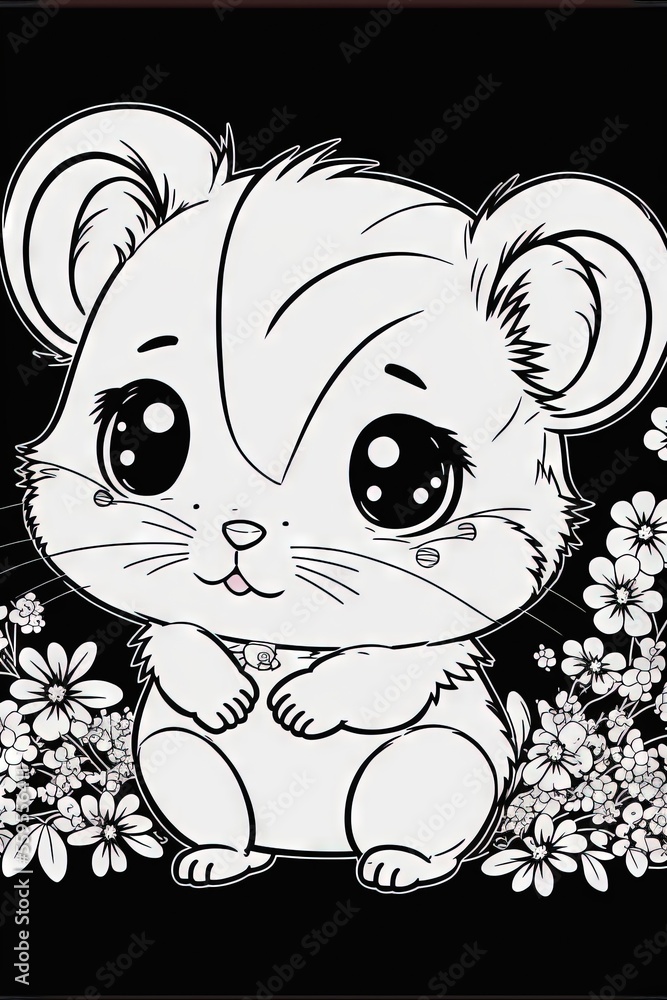 Aufkleber a black and white drawing of a mouse with flowers in the background and a black background with a wh