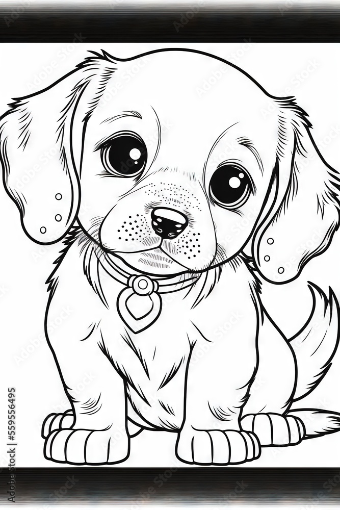 Aufkleber a puppy with big eyes sitting down in a black frame with a white background and a black border aroun