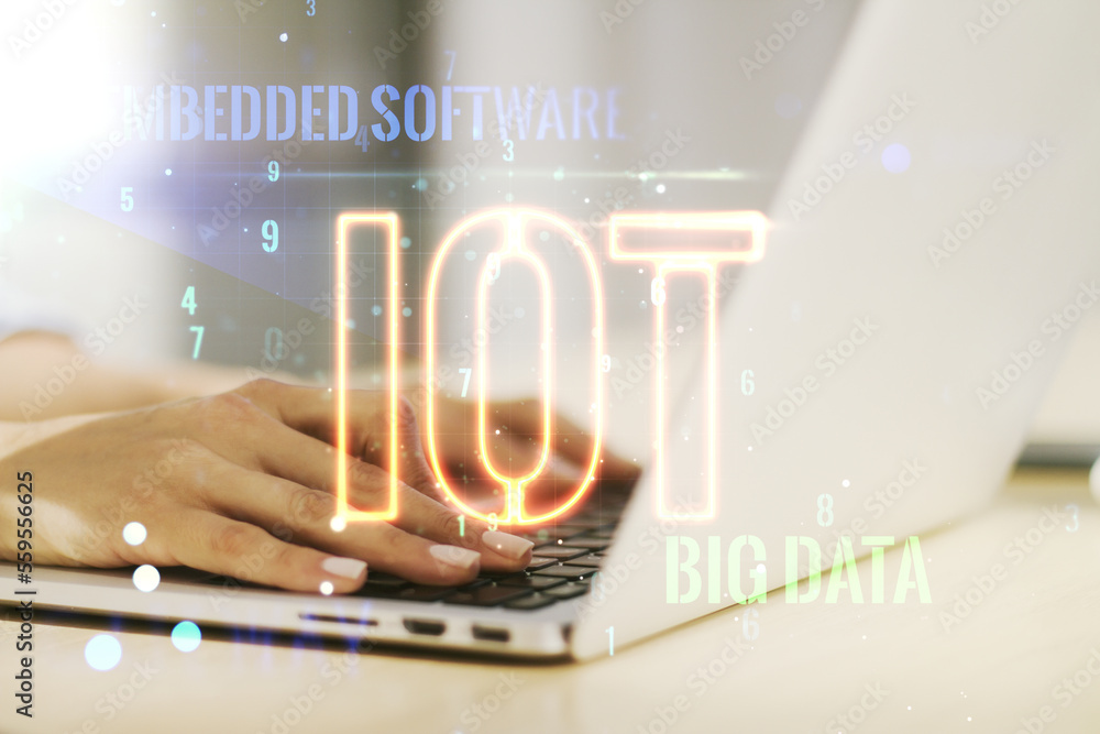 Poster creative iot hologram with hands typing on computer keyboard on background, internet of things conce