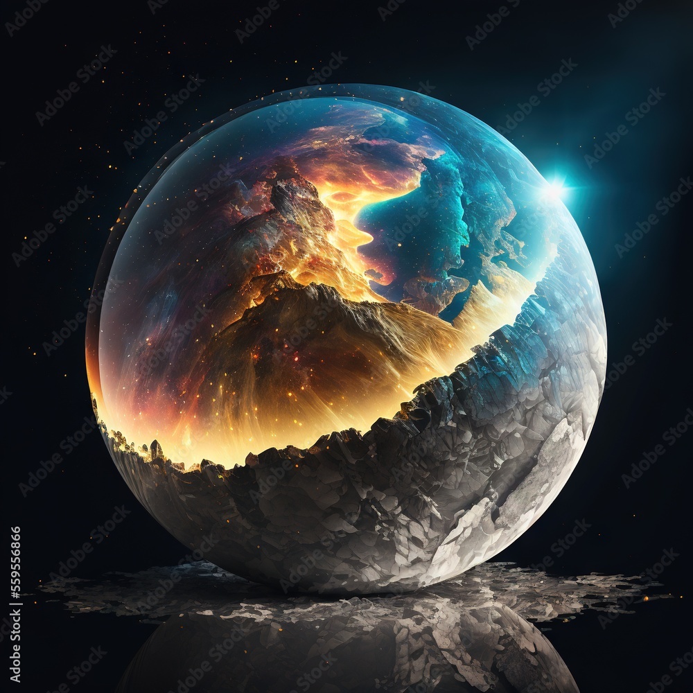 Poster a large glass ball with a colorful sky inside of it on a reflective surface with a reflection of the