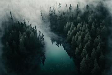 Forest landscape view from above, foggy forest. AI