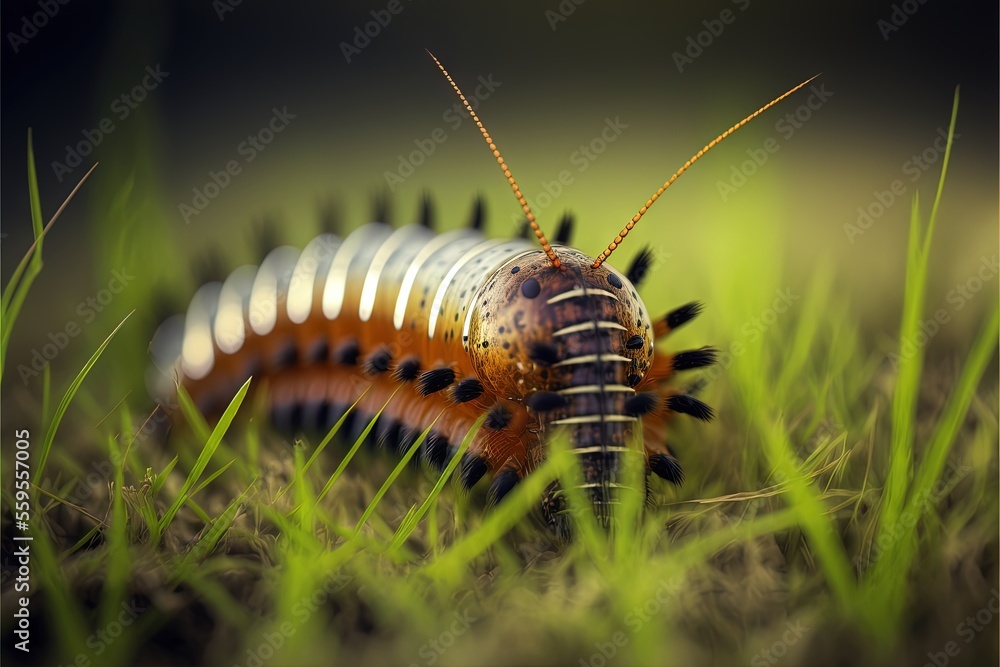 Poster a close up of a bug on some grass with other grass in the background and a blurry background behind 