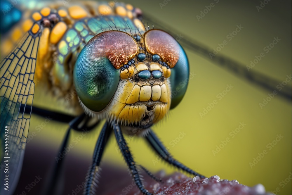 Poster a close up of a dragonfly with a yellow and blue background and a black background with a green and 