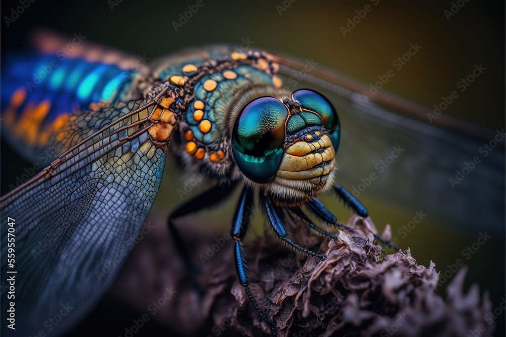 Poster a close up of a dragonfly on a branch with a black background and a blue and yellow wing with orange