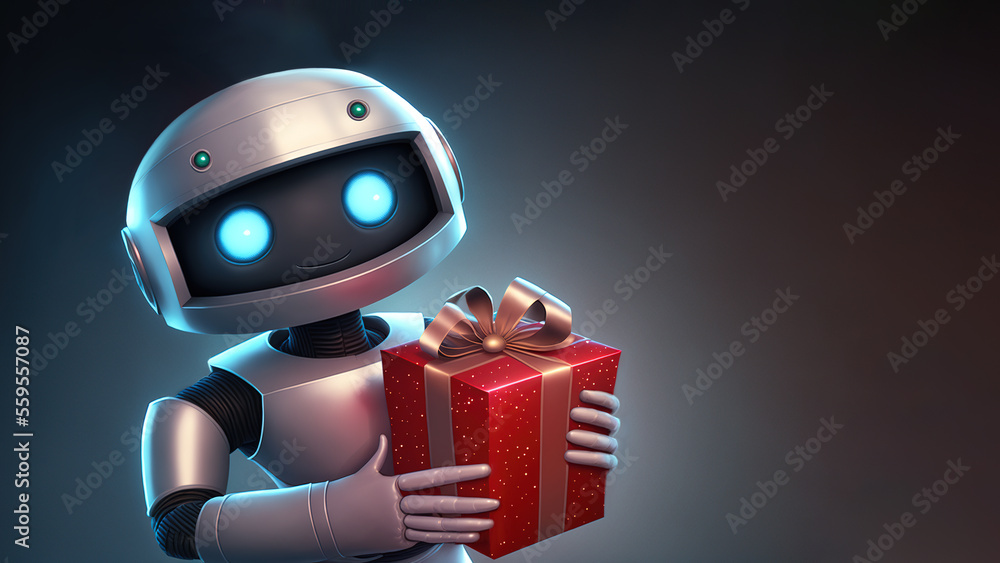 Poster robot holding red gift box with golden bow over dark background with copy space, generative ai illus