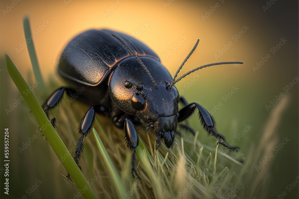 Poster a black bug sitting on top of a green plant leaf in the grass with a yellow background and a black b