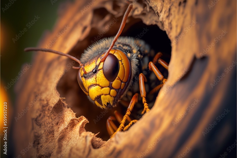 Poster a close up of a yellow and black insect in a hole in a tree trunk with a light in the background and