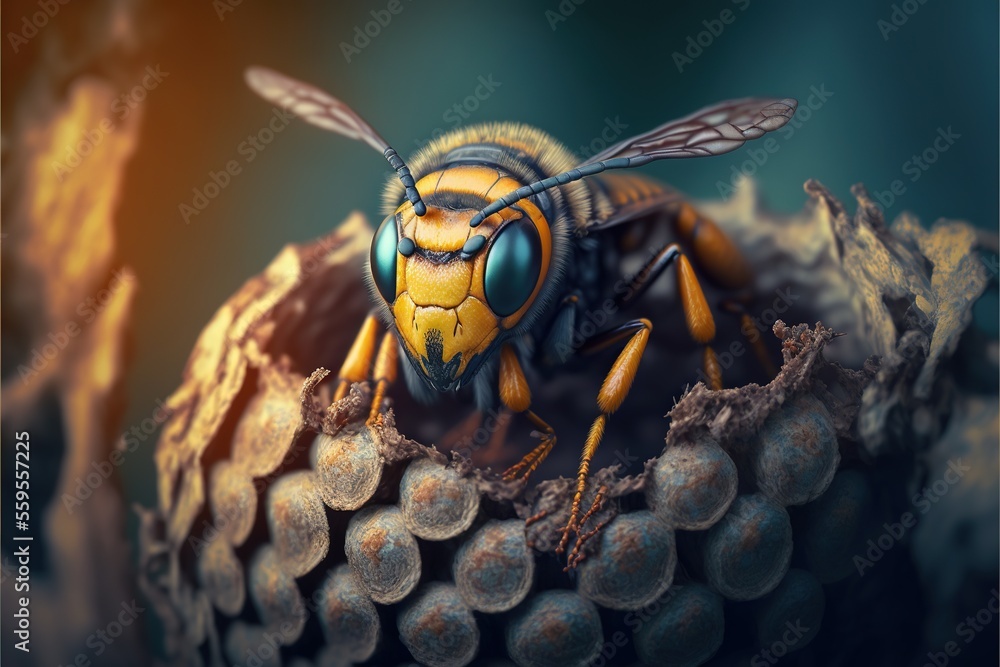 Poster a close up of a bee on a plant with a blurry background and a blurry background to the bottom of the