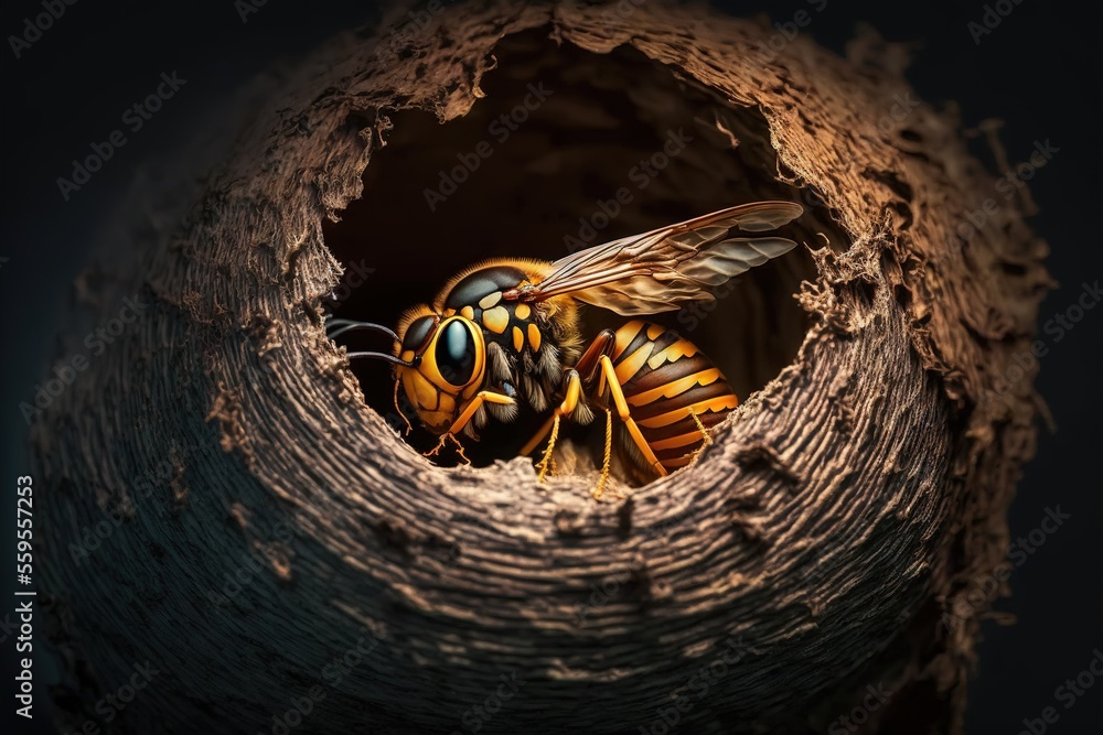 Poster a close up of a bee in a nest with a black background and a black background with a black background
